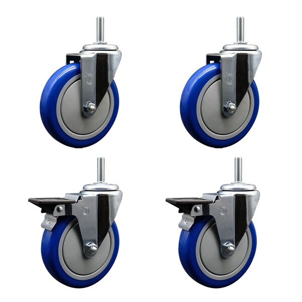 Service Caster 5 Inch Blue Polyurethane Wheel Swivel 58 Inch Threaded Stem Caster Set 2 Brakes SCC SCC-TS20S514-PPUB-BLUE-58212-2-PLB-2 - main